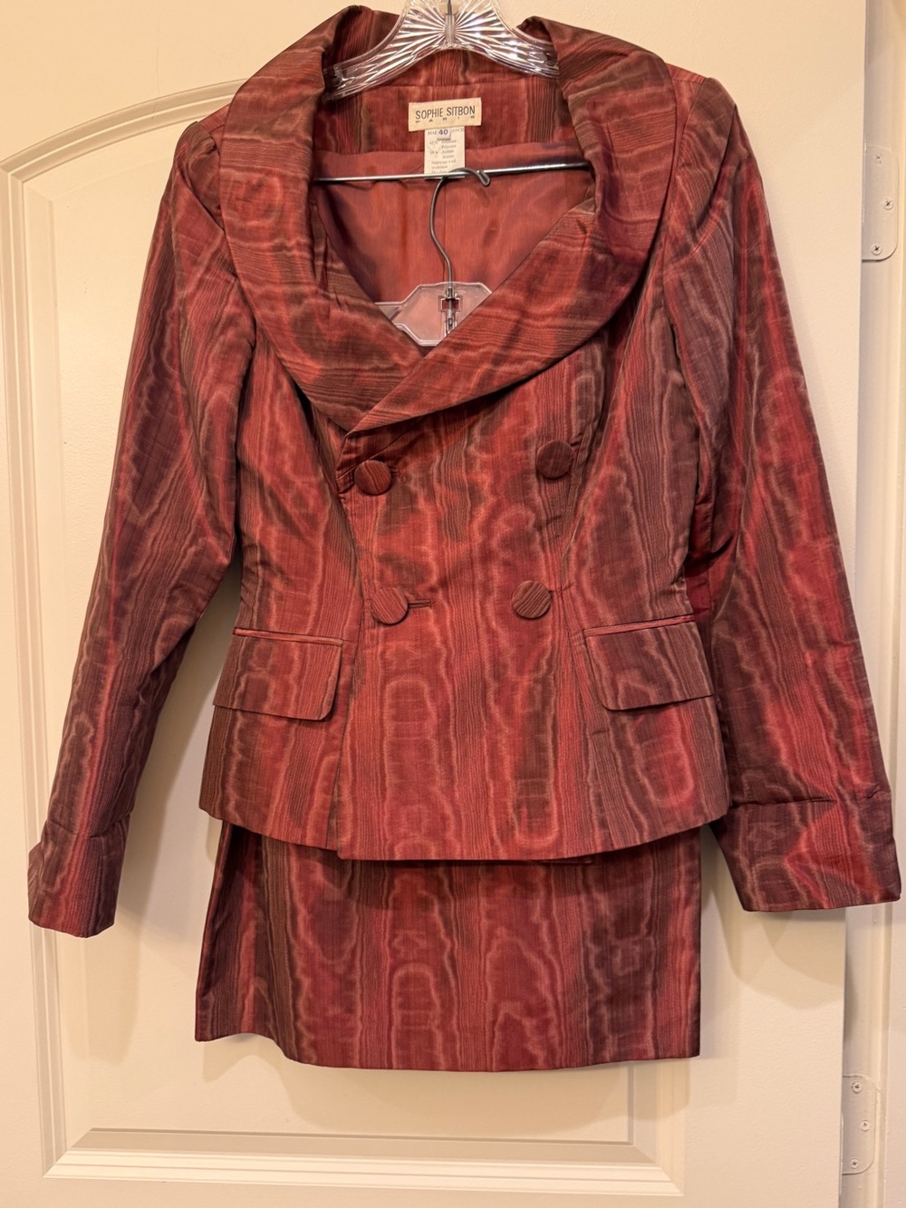 Vintage Sophie Sitbon Paris Woodgrain Moire 2-pc Skirt Suit Set France 40/US6